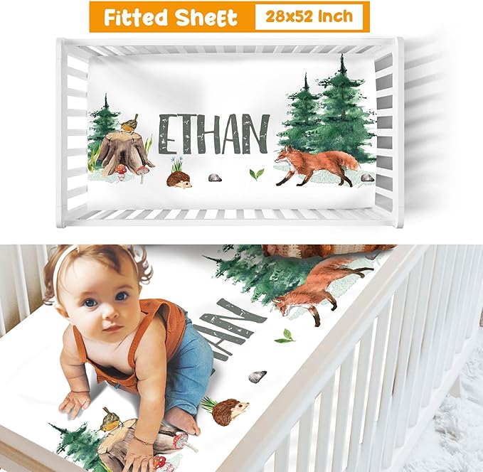 Custom Crib Bedding Set - Woodland Animals Design Personalized Name Baby Nursery Bed 3 Pcs Set - Chic Soft Blanket with Dotted Backing, Sheet, Pillowcase for Newborn Girls Boys Gifts Color13-CubbioJoy