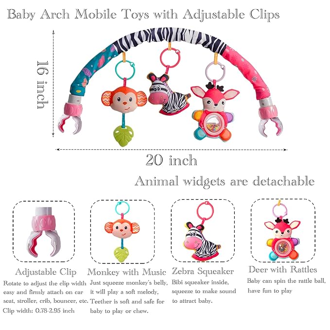 Baby Stroller Arch Toys, Crib Mobile for Infants Adjustable Bassinet Mobile with Universal Clamps, Activity Toy Bar for Bouncer Newborn Car Seat Stroller Sense Toy for Baby 0-12 Months-CubbioJoy
