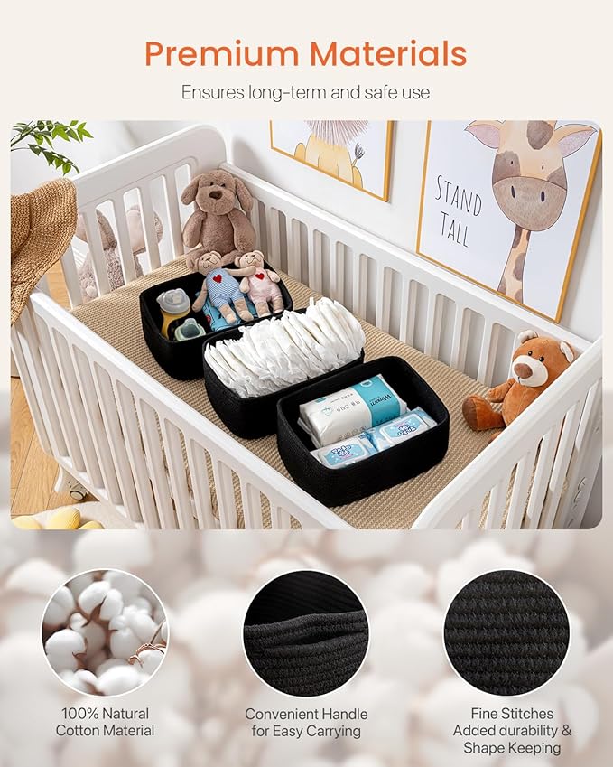 KALLAX Small Woven Basket, 13.5 x 9.5 x 5 Inches, Storage Basket for Organizing, Cute Small Rope Shelf Closet Cube Storage Bins Baskets for Shelves, Dog Toy Gift Baskets Empty, 3 Packs, Black-CubbioJoy