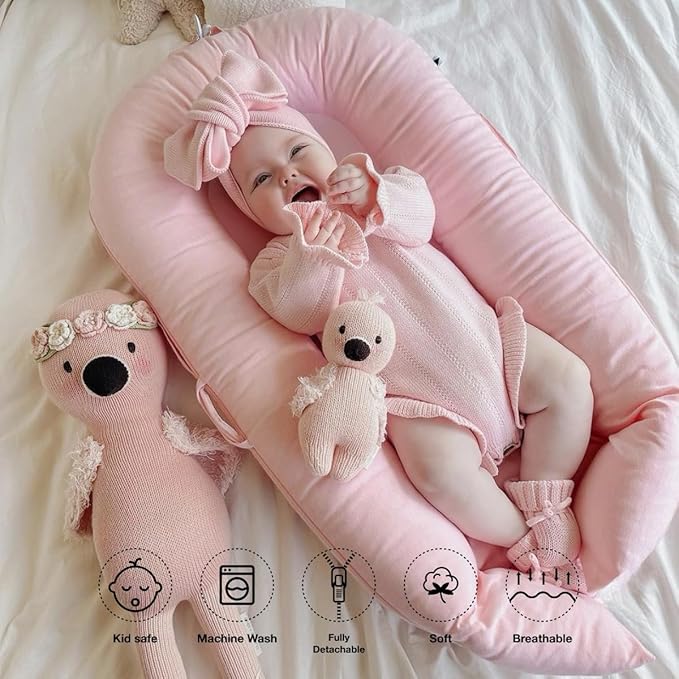Deluxe Infant Lounger, Baby Nest Cover for Baby Girls & Boys, Newborn Essentials for Baby 0-12 Months, 100% Cotton (DustyRose)-CubbioJoy