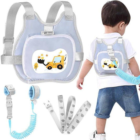 Accmor Toddler Harness Leash, Collapsible Kids Leash + Anti Lost Wrist Link for Outdoor Travel, Cute Excavator Child Walking Harness Tether Wristband Assistant Strap Belt Protector for Baby Boys-CubbioJoy