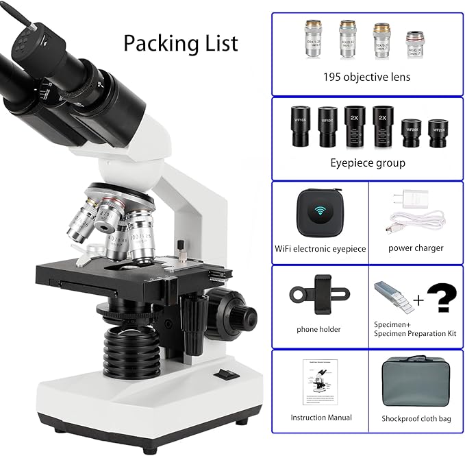 Binocular Compound Microscope, 40X-5000X Magnification, Wide-Angle Eyepiece WF10X WF25X, LED Light Source, XY axis Double-Layer Stage, Adult Microscope (Supports WiFi Wireless Connection)-CubbioJoy