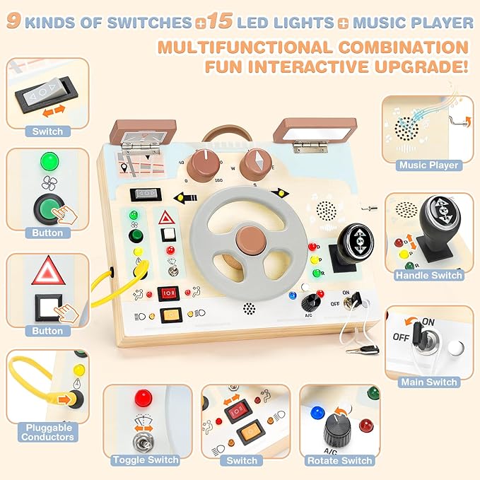 Joyreal Montessori Toddler Busy Board - Montessori Toys for 1 2 3 Years Old, Wooden Sensory Board with LED Lights, Steering Wheel, Music Player, Travel Toys for 1+ Year Old Boy & Girl Birthday Gift-CubbioJoy