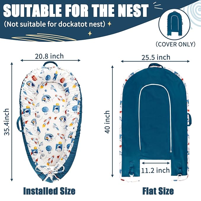 Baby Lounger Cover for Boys Girls, Reversible Baby Nest Cover, Adjustable Baby Lounger Replaceable Cover for Infant Newborn, Portable and Machine Washable, Cotton Blue Rocket Cover Only-CubbioJoy