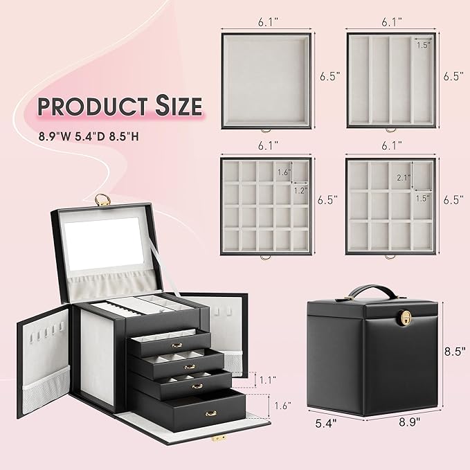 5-Layer Jewelry Box with 4 Drawers, Huge Portable Jewelry Organizer with Lock and Mirror for Women, for Necklace Ring Earring Bracelet Storage, Lockable Jewelry Case, Black-CubbioJoy
