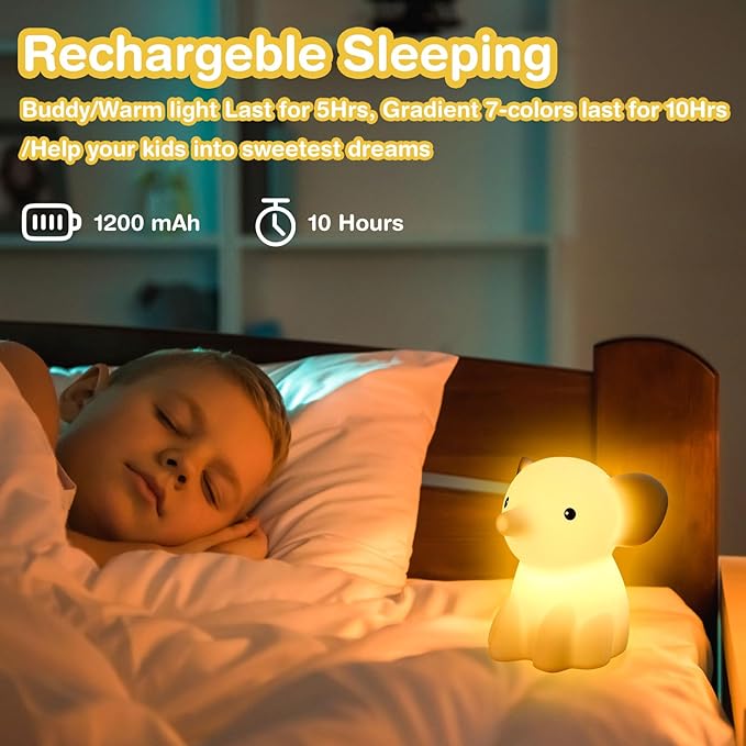 Cute Elephant Night Light for Kids, Adorable Room Decor for Boys Girls Birthday/Christmas Gifts, 5 Color, USB Rechargeable Silicone Night Lamp, Animal Lamp Gift, Safe Nursery Light for Toddlers-CubbioJoy