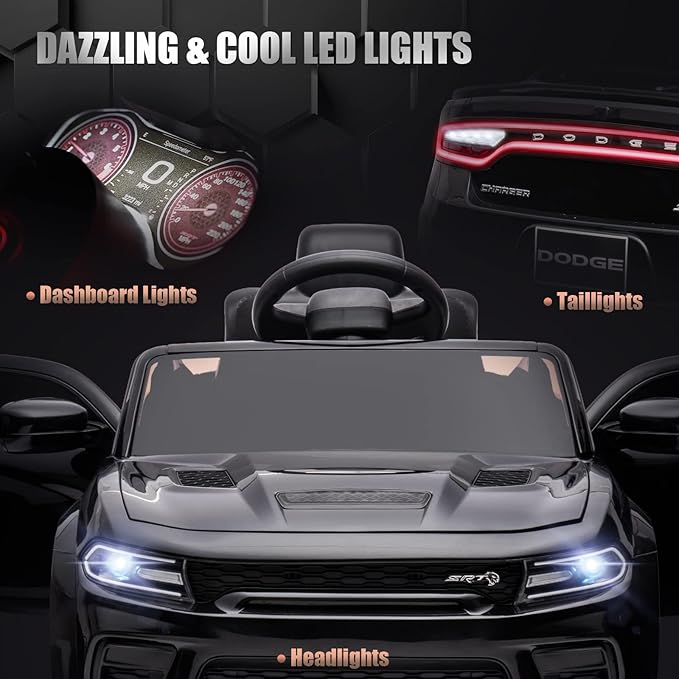 12V 7Ah Kids Electric Ride on Car, Licensed Dodge Charger SRT Hellcat, Battery Powered 4-Wheels Toy Car Electric Vehicle for Kids with Remote Control, 3 Speeds, LED Lights, Music (Black)-CubbioJoy