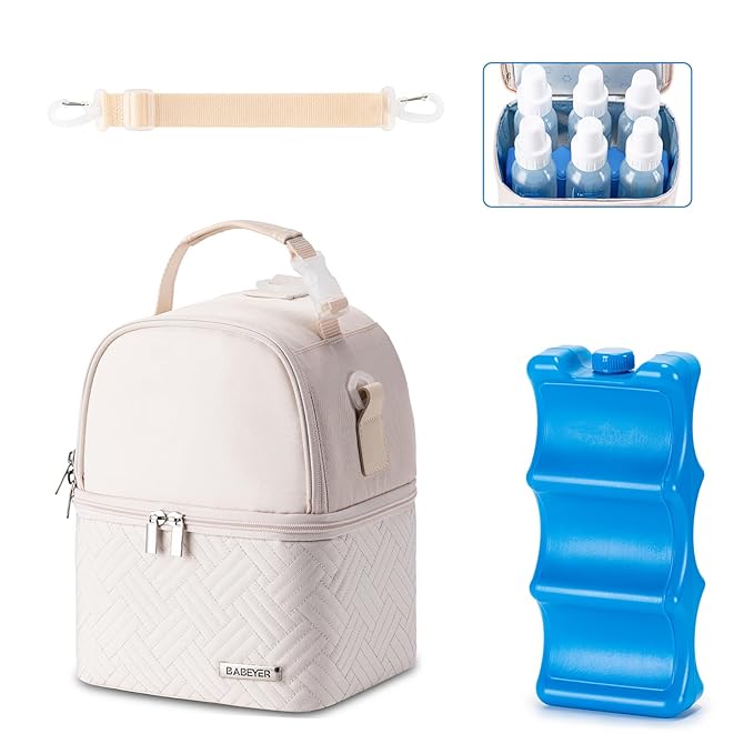 Breastmilk Cooler Bag with Ice Pack Fits 6 Baby Bottles up to 9 Ounce, Breast Milk Pump Cooler Bag with Shoulder Strap for Nursing Mom Daycare, Work, Travel- Cream-CubbioJoy