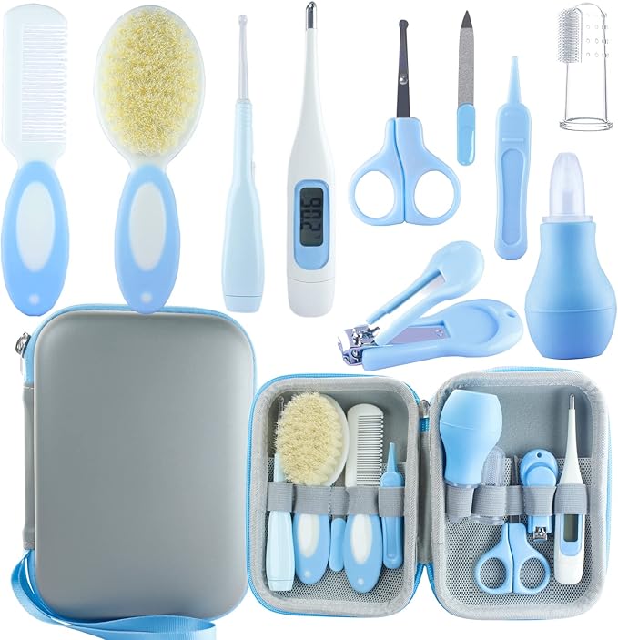 Baby Grooming Kit, Baby Essentials for Newborns, Portable Baby Care Kit, Contains Baby Nail Clippers, Baby Comb, Baby Brush, Baby Ear Wax Removal Tool and More (10 in 1) (Blue)-CubbioJoy
