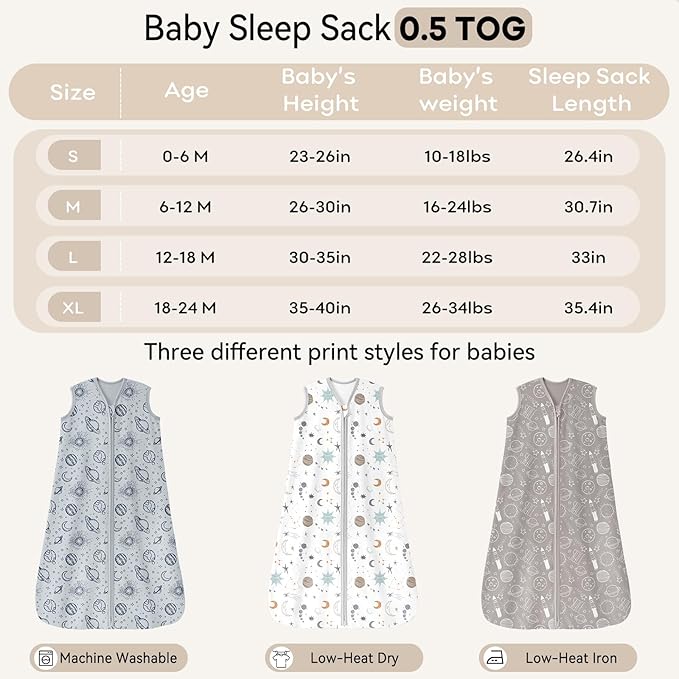 Baby Sleep Sack 6-12 Months 3 Pack 100% Cotton Lightweight 0.5 TOG Wearable Blanket Baby Sleep Bag with 2-Way Zipper for Newborn Infant White Gray Blue Space-CubbioJoy