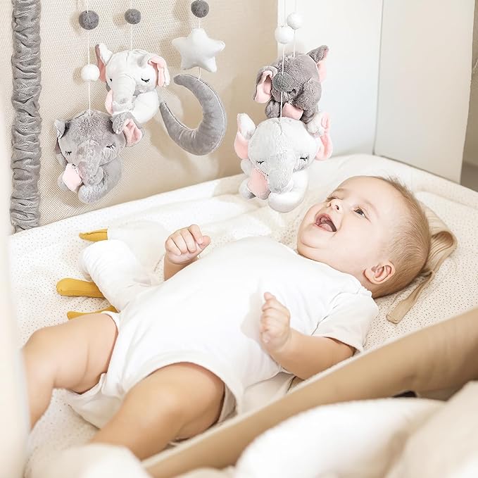 Baby Crib Mobile - Elephant Crib Mobile for Girls with 25 Inches Mobile Arm and 35 Lullabies Musical Box, 3 Modes Digital, Volume Control, Essential Gift for Infant Bedroom Hanging Decor-CubbioJoy