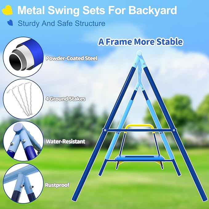440lbs Kids Swing Set, 3-in-1 Outdoor Playground with Saucer Swing, Belt Seat & 4ft Trampoline, Heavy Duty A-Frame Metal Stand & Safety Stakes, Backyard Playset for Toddlers 3-8 Years Old-CubbioJoy