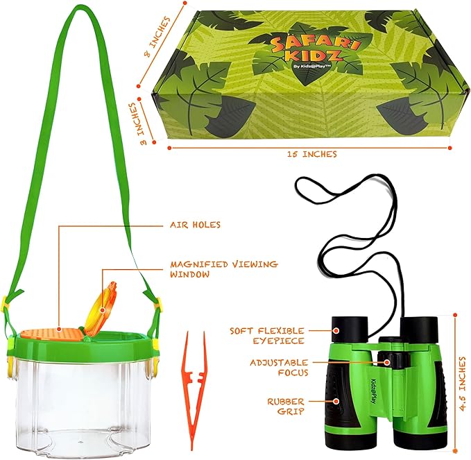 Bug Hunting Kit, Green Safari Vest, Hat, Binoculars, Lg. Butterfly Net, Bug Container, Whistle, Flashlight, Magnifier, Thermostat, Compass, Age 3+-CubbioJoy