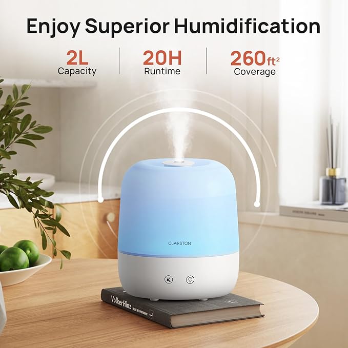 2L Cool Mist Humidifier for Bedroom with 360° Adjustable Nozzle, High and Low Mist Levels, Ultra-Low Noise, Light-Off, No BPA, Auto Shut Off, Ideal Baby Humidifier with Easy Top Filling-CubbioJoy
