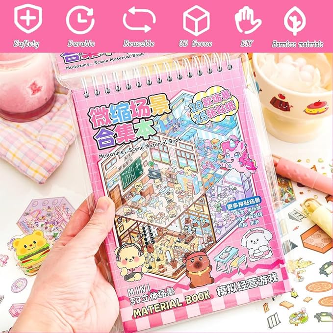 20 Sets DIY 3D Sticker Scenes for Adults with Tweezer, Kawaii 3D House Miniature Sticker Therapy, Make Your Own Mini Room Scene Collection Book for Adult Kids Relief Stress Pass The Time-CubbioJoy