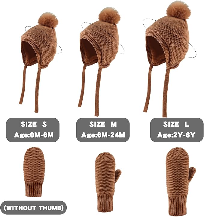 Basic Winter Baby Beanie Gloves Boys Girls Knitted Hat Pompom Kids Earflap Hats Warm Infant Toddler Beanie Mittens Set-CubbioJoy