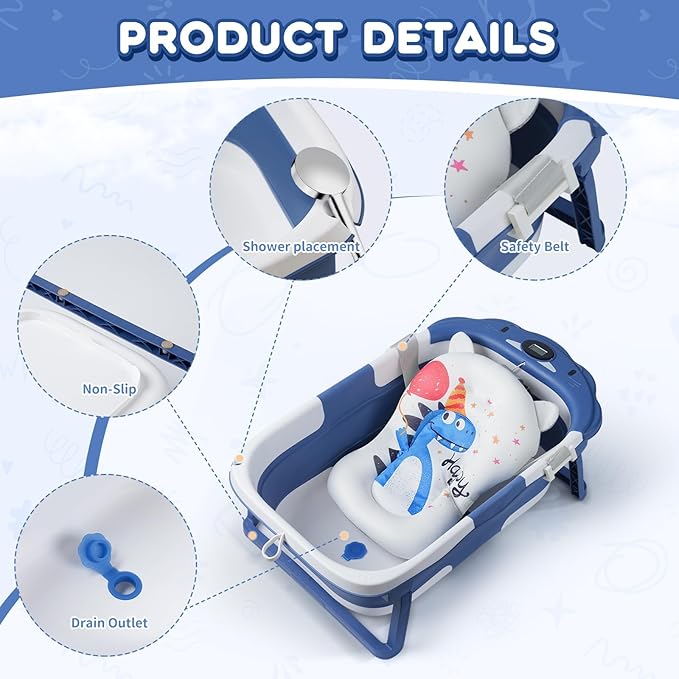Baby Bathtub,Collapsible Baby Bath Tub with Thermometer & Soft Floating Cushion,Portable Travel Baby Bathtubs for Newborns to Toddlers 0-36 Months(Bear Blue)-CubbioJoy