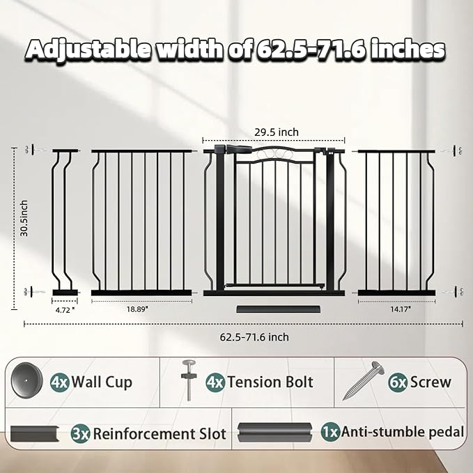 62.5"-71.6" Extra Wide Baby Gate for Doorways No Drill, Pressure Mounted Dog Gate Indoor, Walk Thru Pet Gate for Cat Dog Child,Pet Gates for The House Doorway Black-CubbioJoy