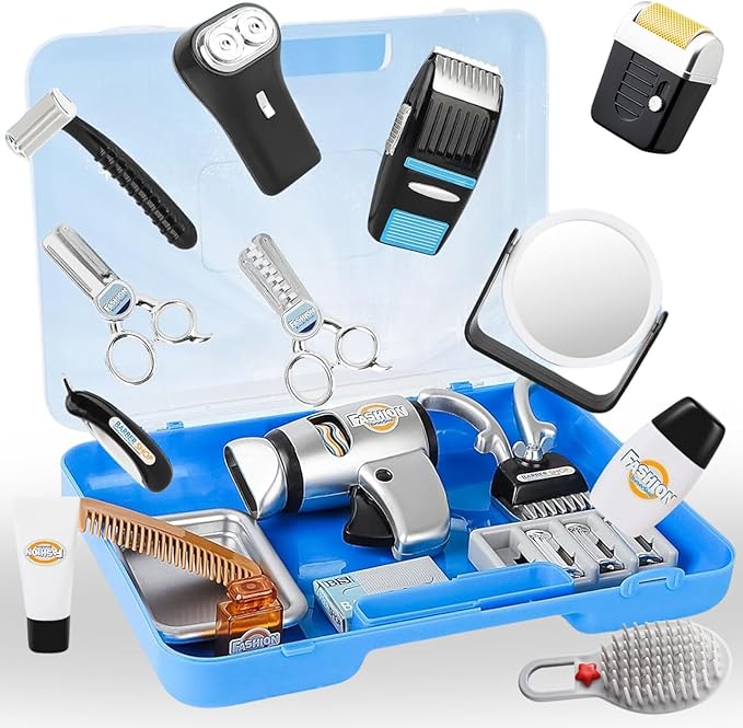 24 Pcs Barber Shop Pretend Play Toy - My First Shaving and Grooming Haircut Kit Toddler Role Play Set with Styling Accessories & Storage Box for Kids, Boys-CubbioJoy