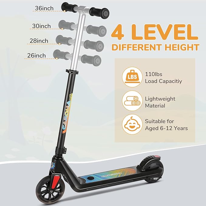 Caroma Electric Scooter for Kids Ages 6-12,150W/180WMotor,10 MPH Max Speed & 7 Miles,Colorful Lights,Adjustable Height & Speed,LED Display,Foldable Kids Electric Scooter 132 Lbs Max Load,Idea Gift-CubbioJoy
