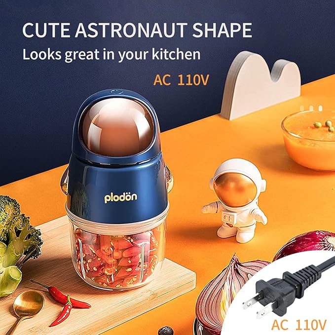 Baby Food Maker Mini Cute and Small Food Processor Puree Blender Grinder Chopper 300ml Cup Glass Bowl with 8 Blade Electric (Spaceman-Blue)-CubbioJoy