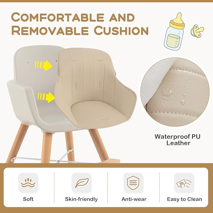 BABY JOY Convertible Baby High Chair, 3 in 1 Wooden Highchair/Booster/Chair with Removable Tray, Adjustable Legs, 5-Point Harness, PU Cushion and Footrest for Baby, Infants, Toddlers (Beige)-CubbioJoy