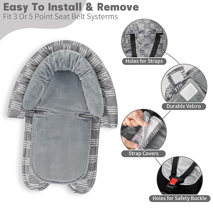 Infant Car Seat Insert, HNHUAMING Baby Car Seat Head & Body Support with 2 Strap Pads, Ultra Soft Newborn Preemie Carseat Insert Cushion for Girls Boys, Fits Car Seat, Stroller, Swing, Bouncer, Gray-CubbioJoy