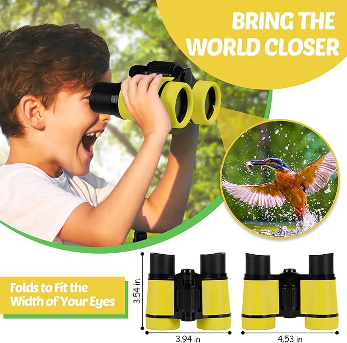 Binoculars for Kids, Kids Binoculars Toys for 3 4 5 6 7 8 Years Boys and Girls, Set with Magnifying Glass & Compass - Birthday Gifts Outdoor Toy for Kid Ages 3-8 Toddler Camping (Yellow)-CubbioJoy
