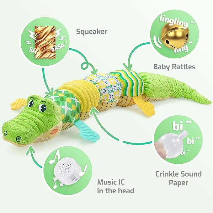 Sumobaby Baby Toys Musical Crocodile, Stuffed Animal Activity Soft Toys with Teether,Multi-Sensory Crinkle, Rattle and Textures, for Tummy Time Baby Toys 0 to 12 Months Boys, Girls, Alligator (Green)-CubbioJoy
