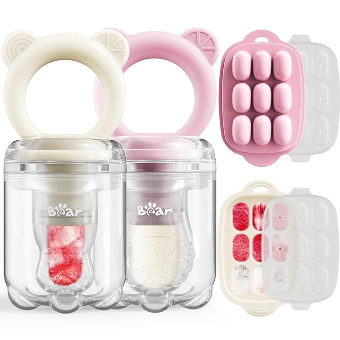 Bear Baby Fruit Food Feeder & Mini Freezer Nibble Tray Combo, 2 Pack Breastmilk Popsicle Molds for Baby Teething Relief, BPA Free Silicone Feeder for Safe Infant Self Feeding, Dishwasher Safe-CubbioJoy