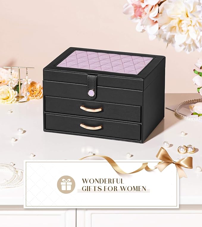 Black Jewelry Box Organizer: Home Decor for Women - 2-Drawer Holder for Valentine’s Day Birthday Christmas Black Grey-Purple-CubbioJoy