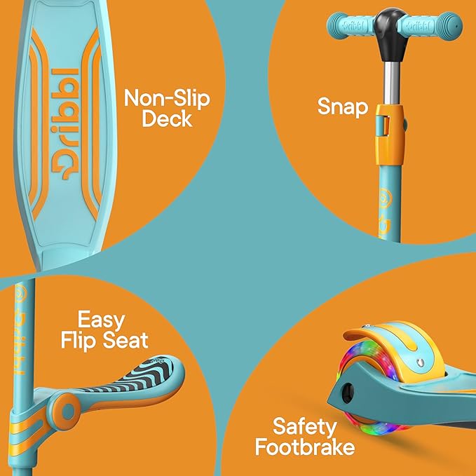 Aqua Orange 3 Wheel Scooter with Seat for Kids – Light-Up LED Wheels, Adjustable Handlebar and Seat, Smooth PU Wheels, Wide Anti-Slip Deck, Rear Foot Brake – Toddler Outdoor Toys for Ages 2+-CubbioJoy