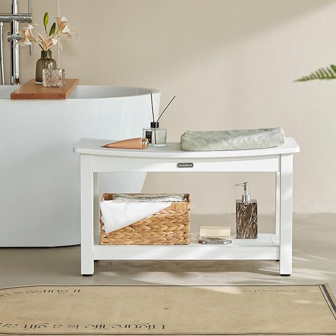 30'' Heavy Duty Shower Bench for Inside Shower, White Poly Bath Stool for Shaving Legs, Waterproof Spa Bath Chair Seat with Adjustable Feet, Weight Capacity 700LBS (30 x 13 Inches)-CubbioJoy