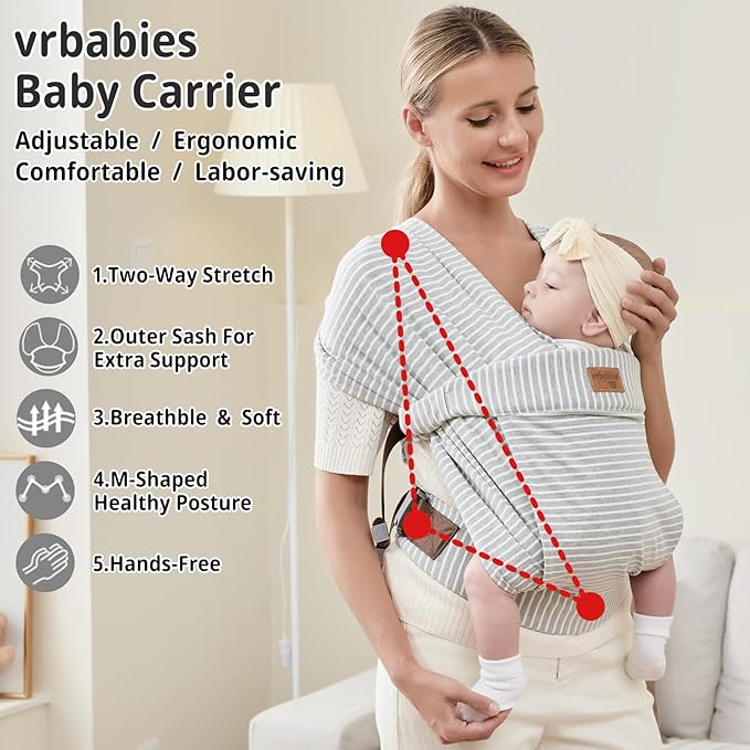 Baby Wraps Carrier Newborn to Toddler, Kangaroo Baby Easy Wearing Wrap, Adjustable Soft Baby Holder Front Chest Sling Carriers Perfect Infant Essentials Gifts (Striped Grey, Cotton)-CubbioJoy