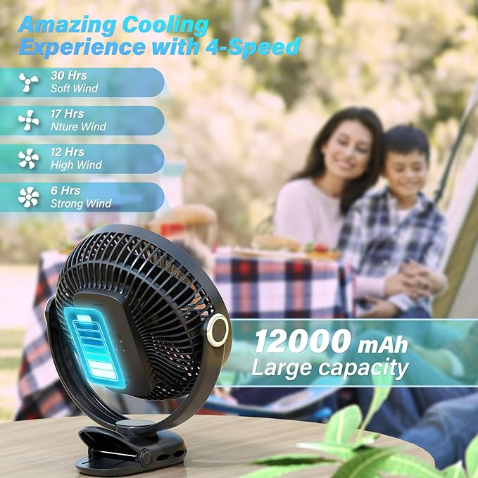 12000mAh Clip on Fan 30H Longest Runtime, 8in Portable Fan Rechargeable, Ultra Quiet with Heavy-Duty Clamp, USB Desk Fans for Golf Cart,Office Desk, Treadmill, Camping, Bedroom-CubbioJoy