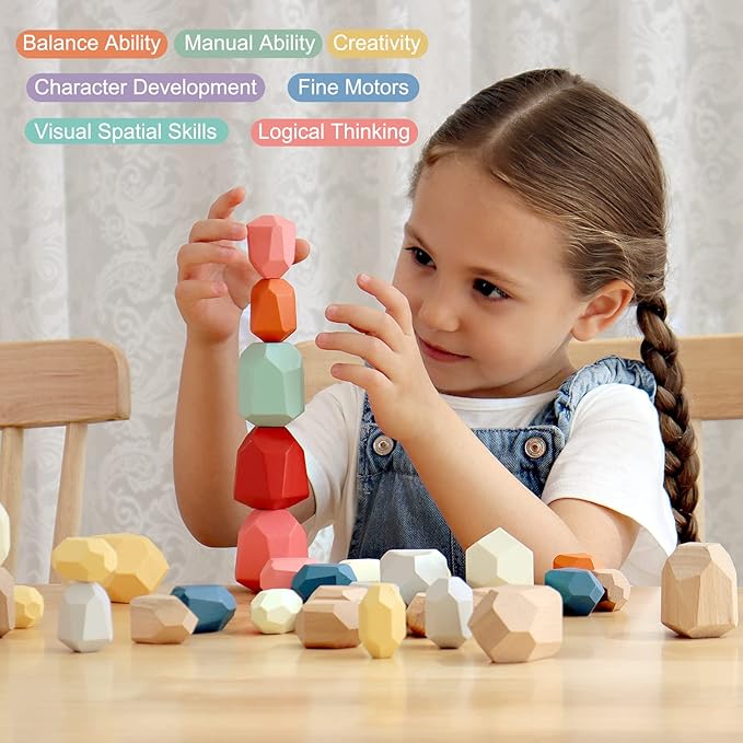 BESTAMTOY 36 PCS Wooden Sorting Stacking Rocks Stones,Sensory Toddler Toys Learning Montessori Toys, Building Blocks Game for Kids 3 4 5 6 Years Boy and Girl Birthday Gifts for Kids-CubbioJoy