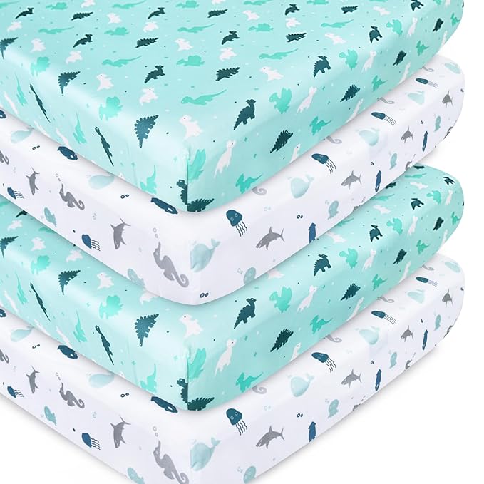 Crib Sheets for Boys or Girls 4-Pack, Fitted Crib Sheet 52'' x 28'' for Standard Crib & Toddler Mattress, Soft and Breathable Material, Baby Crib Sheets Neutral, Aqua-CubbioJoy
