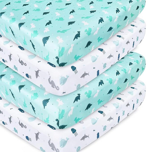 Crib Sheets for Boys or Girls 4-Pack, Fitted Crib Sheet 52'' x 28'' for Standard Crib & Toddler Mattress, Soft and Breathable Material, Baby Crib Sheets Neutral, Aqua-CubbioJoy