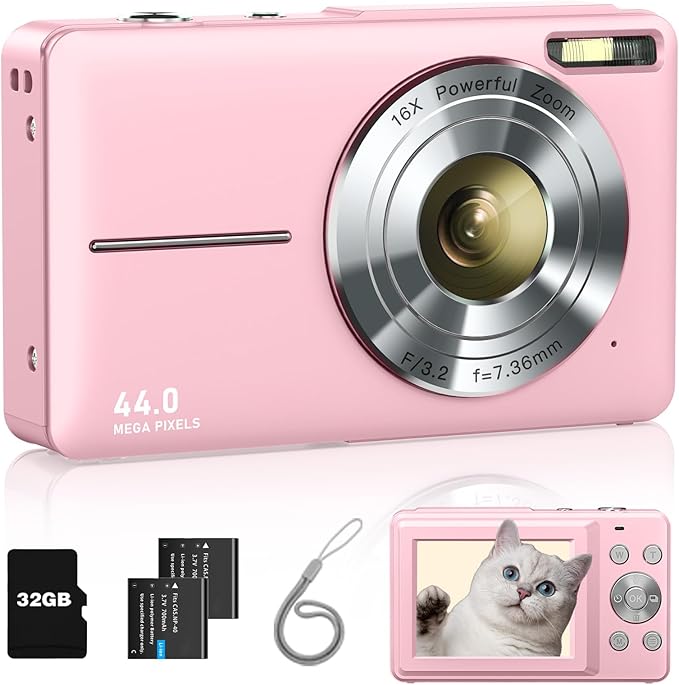 Digital Camera, FHD 1080P Point and Shoot Kids Camera, with 32GB Card, 2 Batteries, 16X Zoom Anti Shake Date Stamp, Compact Portable Small, for Starter Kid Children Teen Student Girl Boy(Pink)-CubbioJoy