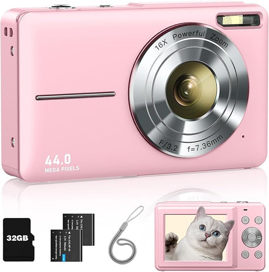 Digital Camera, FHD 1080P Point and Shoot Kids Camera, with 32GB Card, 2 Batteries, 16X Zoom Anti Shake Date Stamp, Compact Portable Small, for Starter Kid Children Teen Student Girl Boy(Pink)-CubbioJoy