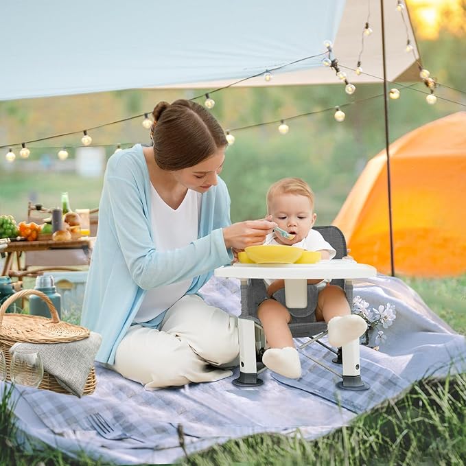 Baby Travel Booster Seat with Double Tray, BabyBond Upgraded Toddler Portable Baby Chair, Booster Seat for Dining Table, Stable and Foldable Booster Baby Chair for Indoor/Outdoor (Grey)-CubbioJoy