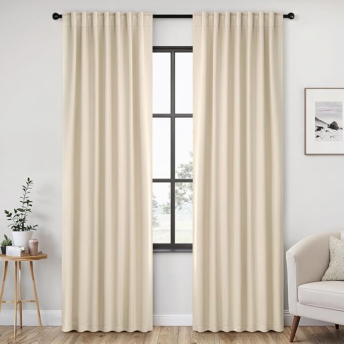 ANRODUO Back Tab Blackout Curtains for Bedroom Living Room, Rod Pocket Pinch Pleated Thermal Insulated Room Darkening Curtains 90 Inches Long 2 Panels, Cream Beige, 52 x 90 Inch-CubbioJoy
