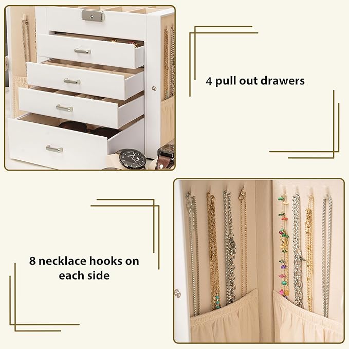 AKOZLIN 5-Tier Jewelry Box Lockable Leather Jewelry Storage Case with 4 Drawers for Women Girls Ring Necklace Earring Bracelet Watches Holder Organizer with Mirror-CubbioJoy