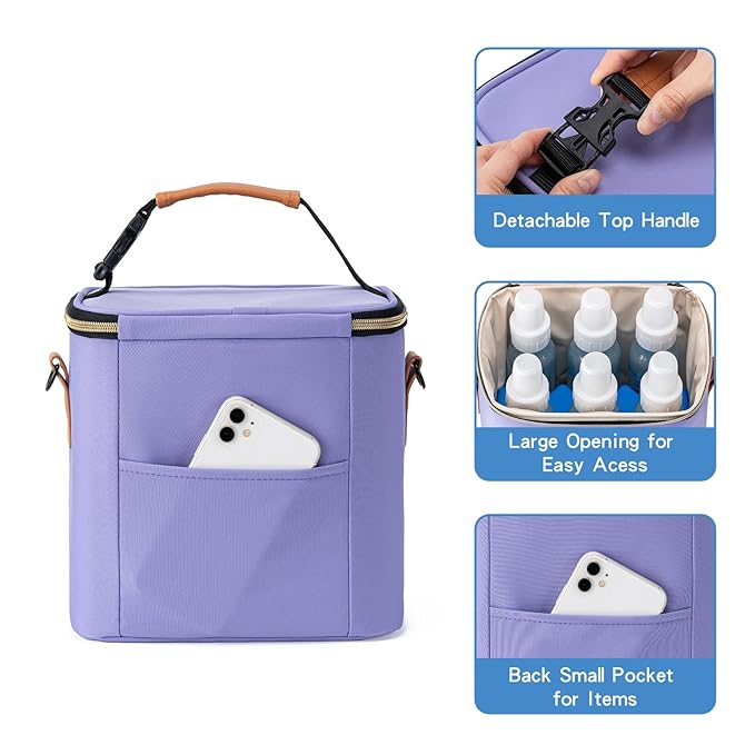 Breastmilk Cooler Bag with Ice Pack Fits 6 Baby Bottles Up to 9 Ounce, Baby Bottle Bag with Shoulder Strap for Nursing Mom Daycare, Violet-CubbioJoy