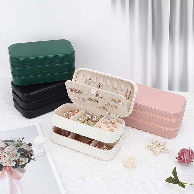 DesignSter Small Travel Jewelry Box with Double Zipper, 2 Layers PU Portable Jewelry Case for Women and Girls,Travel Jewelry Organizer for Rings, Earrings, Necklaces, Bracelets,Beige-CubbioJoy