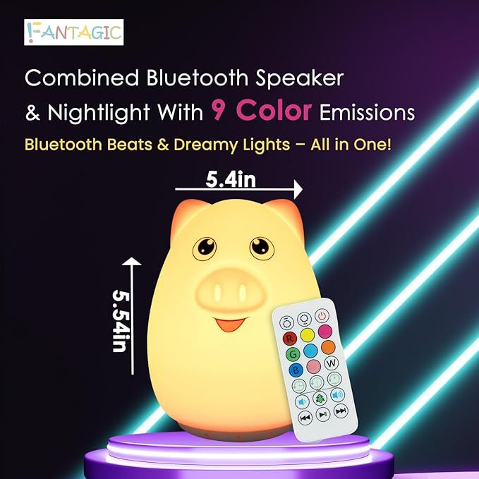 Combined Bluetooth Speaker & Nightlight With 9 Color Emissions, Child Friendly Silicone & BPA Free, USB Recharging, Receives Audio From Computer, Phone Or Tablet, and includes Remote Control (Pig)-CubbioJoy