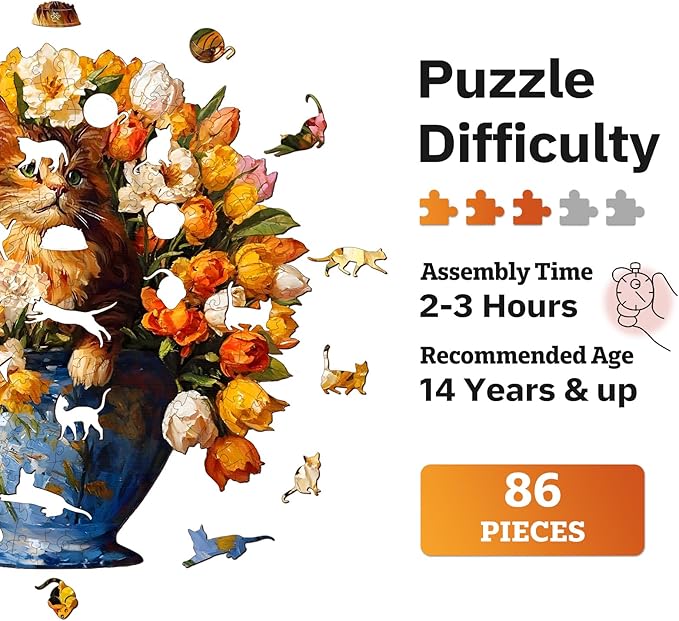 Jigfoxy Wooden Puzzles for Adults, The Vase Cat Wood Puzzles Adult, Unique Animal Shape Wooden Jigsaw Puzzles for Adults, Birthday Gifts for Puzzle Lovers, Family, Friend (S-7.4 * 7.7in-86pcs)-CubbioJoy