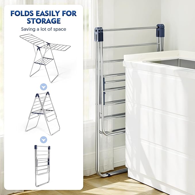 APEXCHASER Clothes Drying Rack, Stainless Steel Drying Rack Clothing with Height-Adjustable, Foldable Gullwings Laundry Drying Rack, Indoor Outdoor Use, No Assembly-CubbioJoy