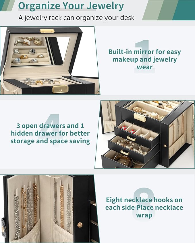AKOZLIN 4-Tier Jewelry Box Leather Jewelry Storage Organizer with 3 Drawers Lockable for Women Girls Ring Necklace Earring Bracelet Holder with Mirror Black-CubbioJoy