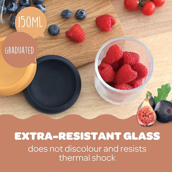 Beaba 5 oz Glass Baby Food Jars with Soft Silicone Air Tight Lids, Glass Storage Containers with Lids, Microwave and Freezer Safe Containers, Terracotta-CubbioJoy